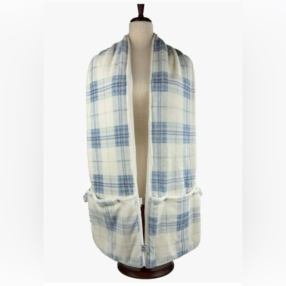 Versatile Blue plaid fleece Scarf with Pockets folds into travel pillow